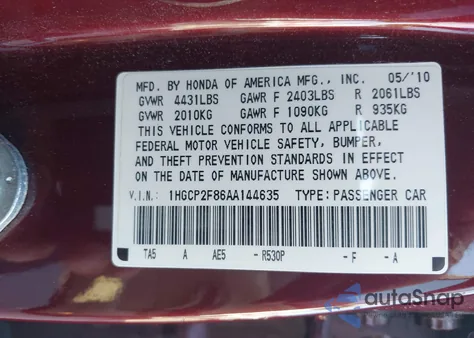 2010 Honda Accord 2.4 Ex-L from USA, damaged, VIN 1HGCP2F86AA144635